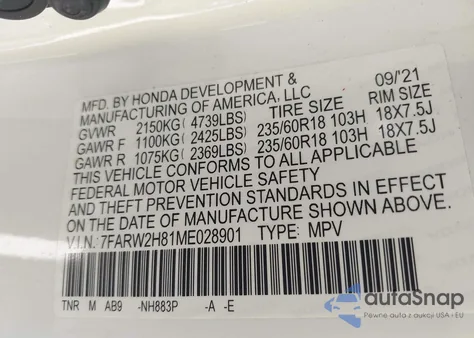 2021 Honda Cr-V Awd Ex-L from USA, damaged, VIN 7FARW2H81ME028901